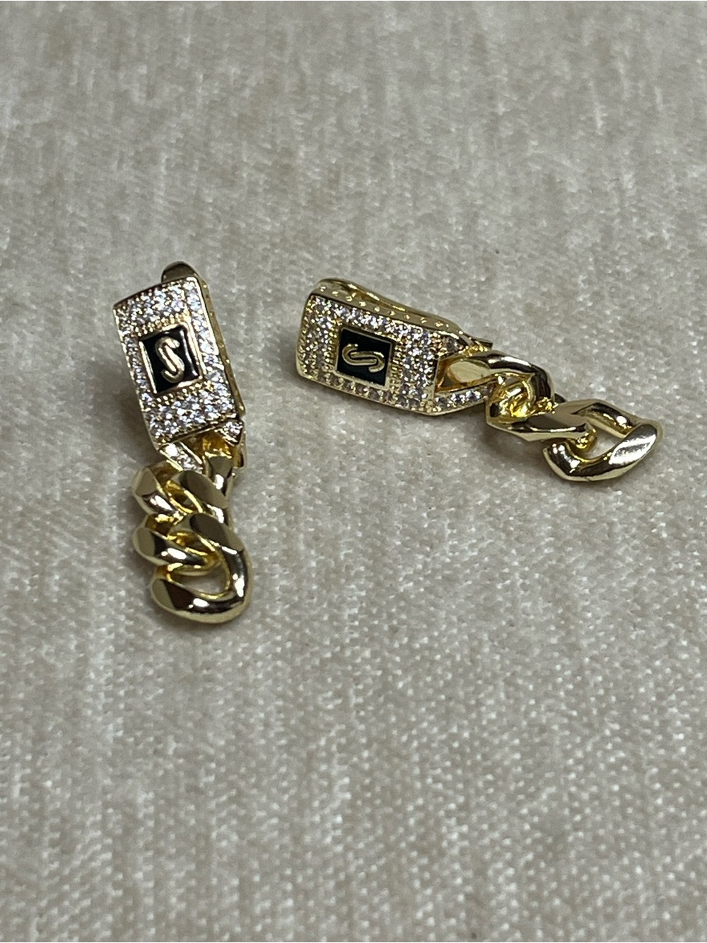 Gold Tone Pavé Chain Drop Earrings with Black Logo Accent